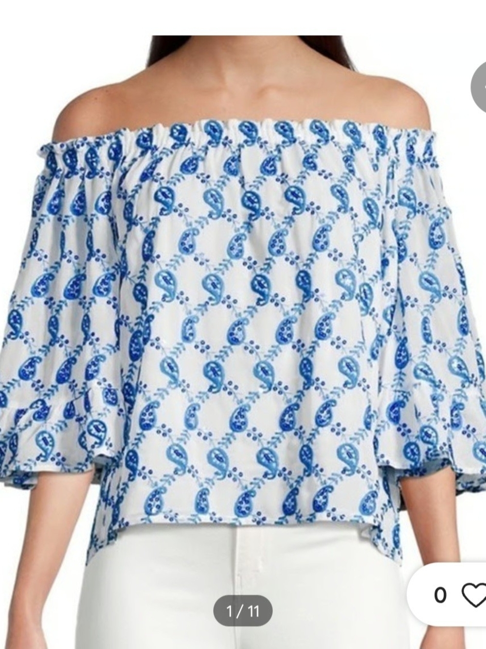 Lilly Pulitzer "Alva" White Off-Shoulder Top w/Blue Paisley Print. Size XS